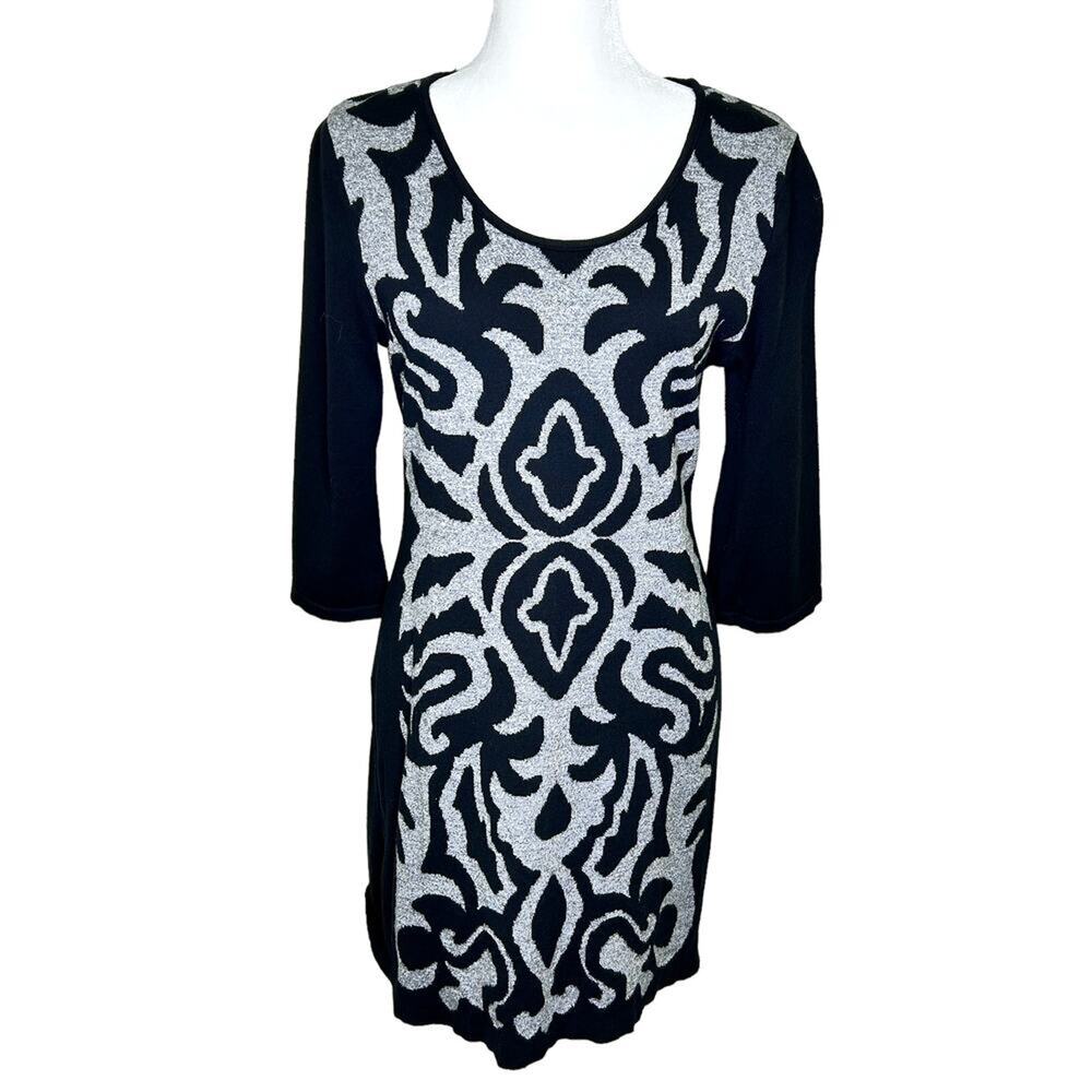Style & Co. Black Gray Florentine Print 3/4 Sleeve Scoop Neck Knit Sweater Dress